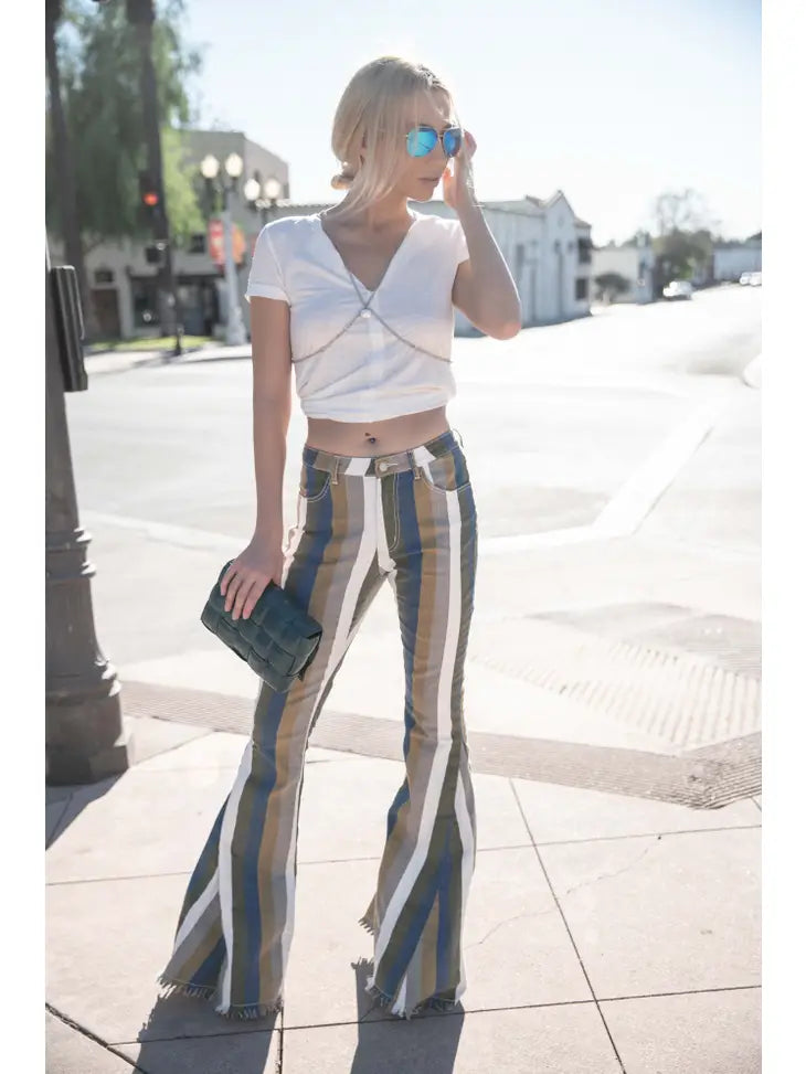 Striped High Rise Flare Jeans