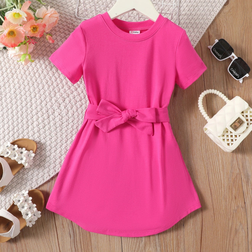 Solid Curved Hem Short-sleeve Belted Dress