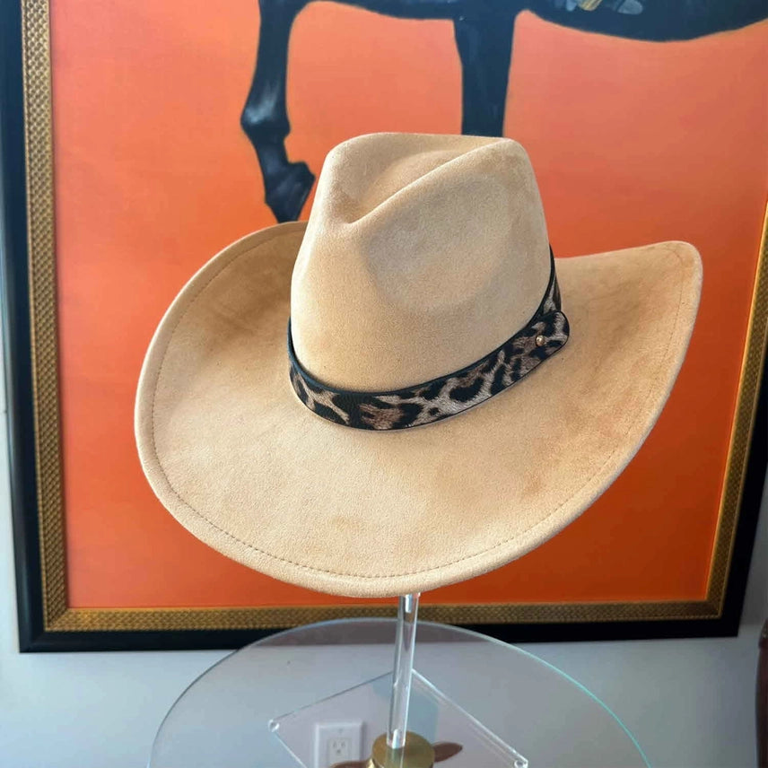 Vegan Suede Cowboy Hat w/ Leopard Belt