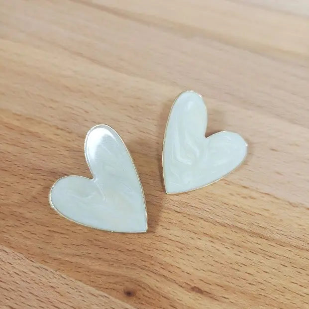 Oversized White Glaze Heart Stud Earrings