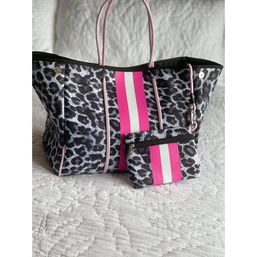 Beach Bag - Grey Leo W/Hot Pink Center Stripe