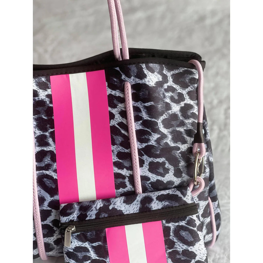 Beach Bag - Grey Leo W/Hot Pink Center Stripe