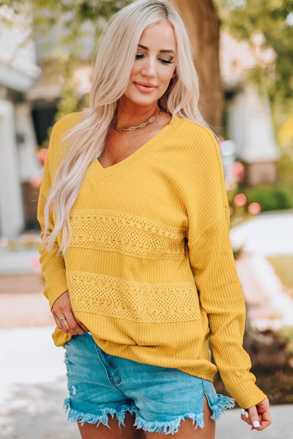 Yellow Lace Ribbed V Neck Top