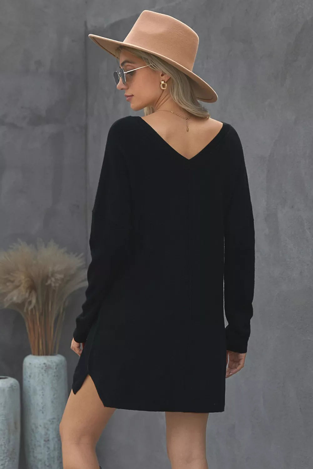 Black V Neck Loose Women Sweater