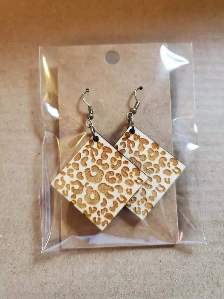 Square Leo Wood Dangle Earrings