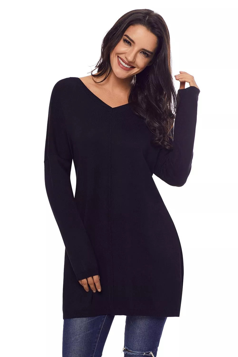 Black V Neck Loose Women Sweater