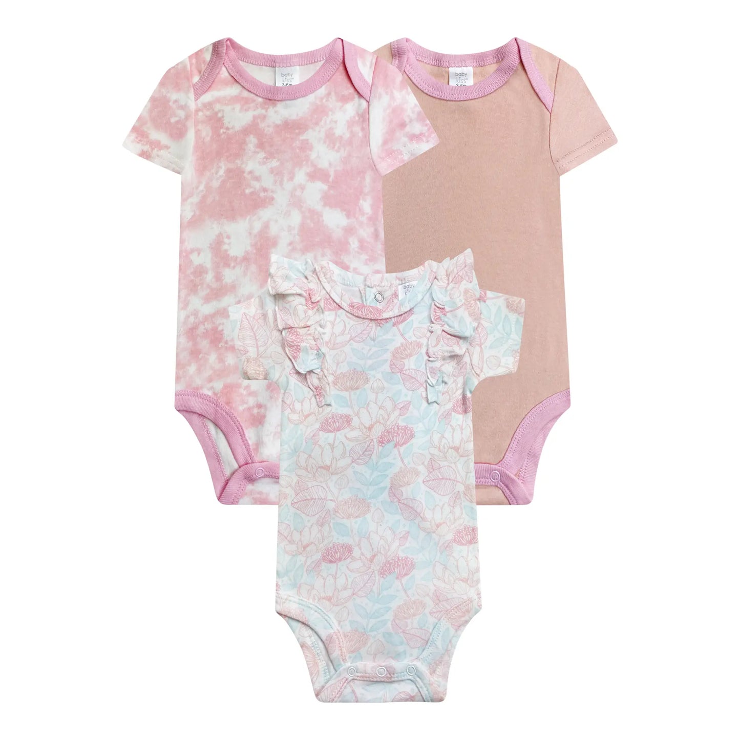 3PK Short Sleeve Bodysuits - Ruffled Pink Floral