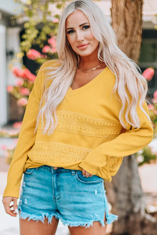 Yellow Lace Ribbed V Neck Top