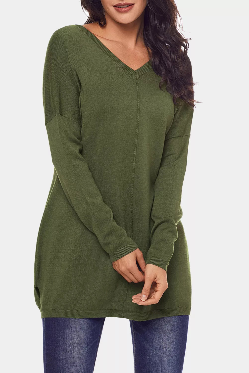 Green V Neck Loose Women Sweater