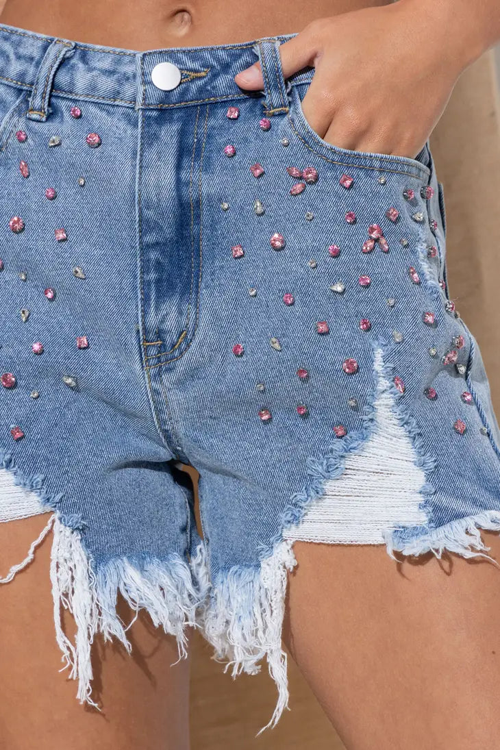 Distressed Denim Studded Shorts