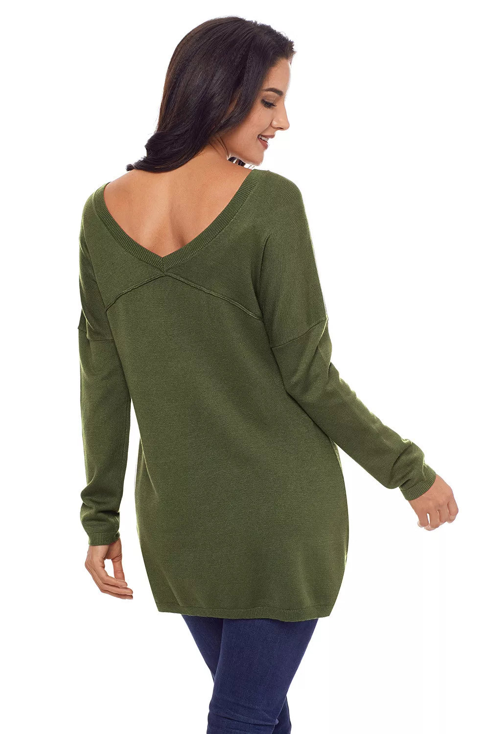 Green V Neck Loose Women Sweater