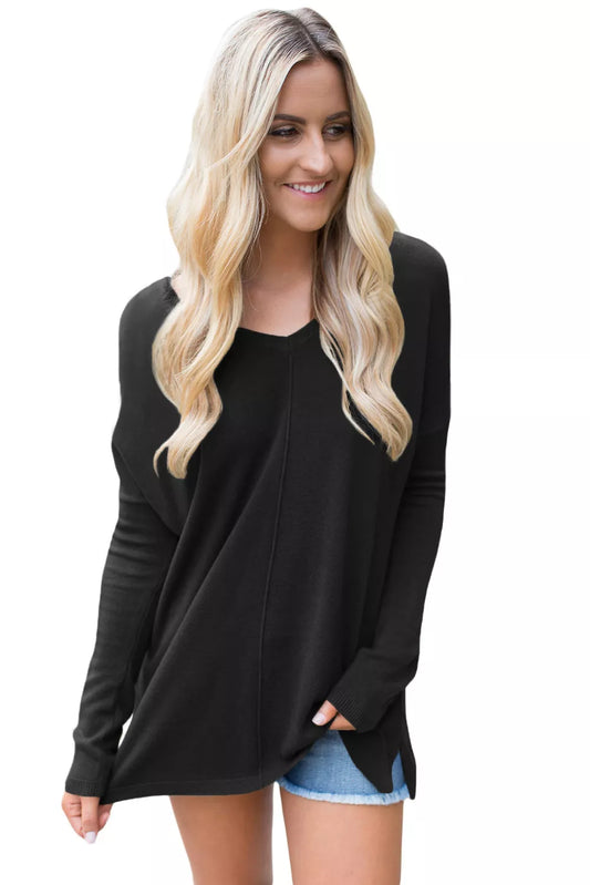 Black V Neck Loose Women Sweater