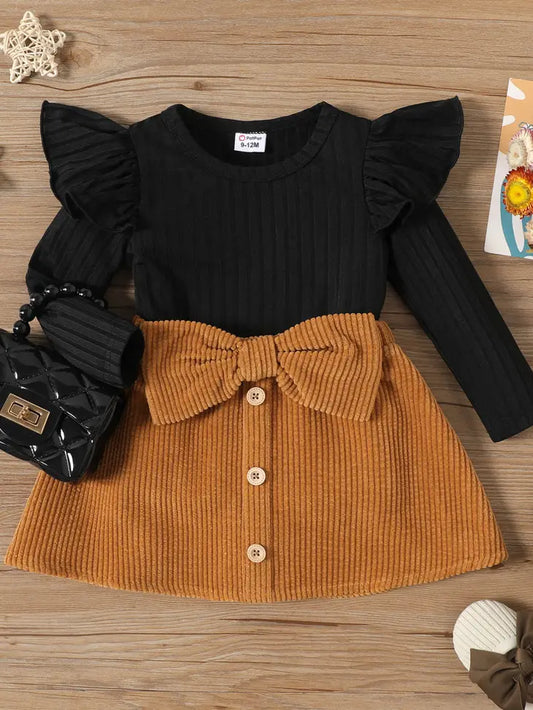 Rib Knit Ruffled Top and Corduroy Skirt Set