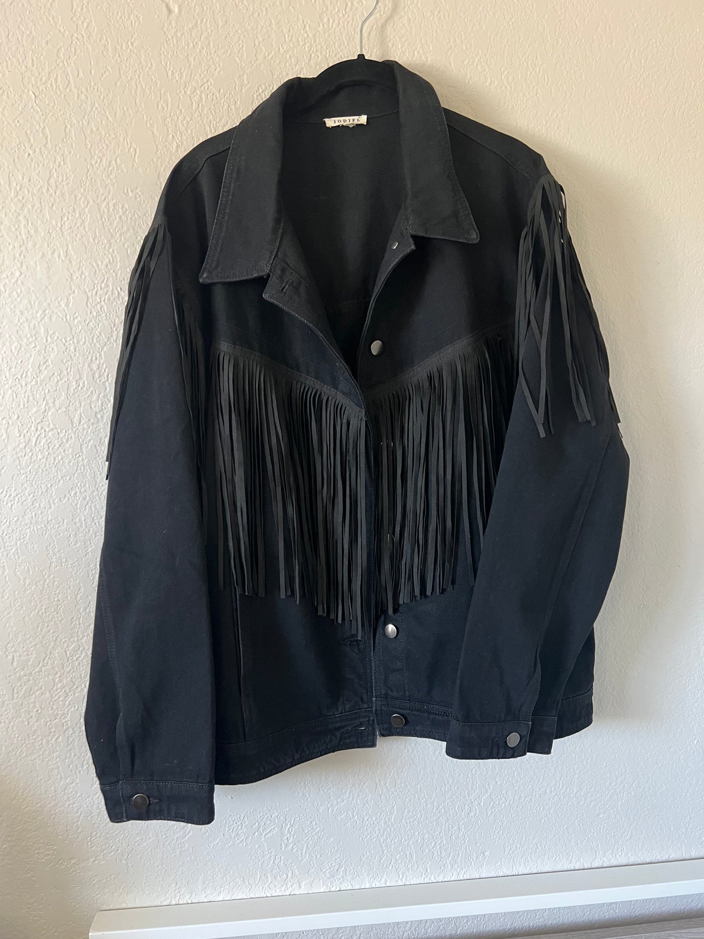 Jean jacket with hot sale leather fringe