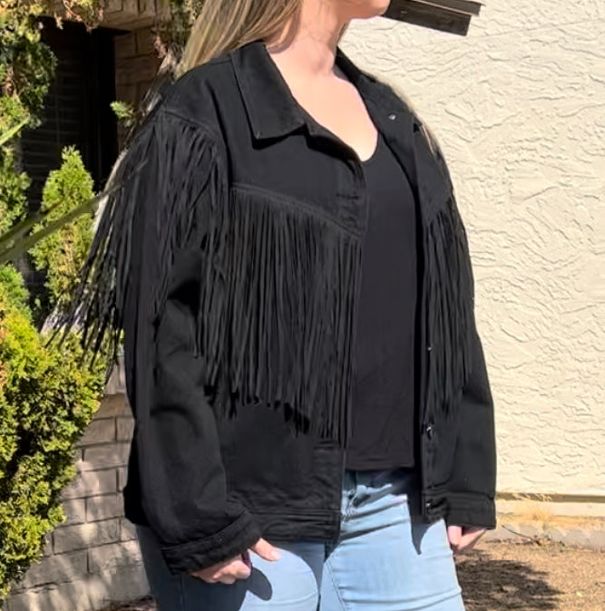 Womens black fringe on sale jacket